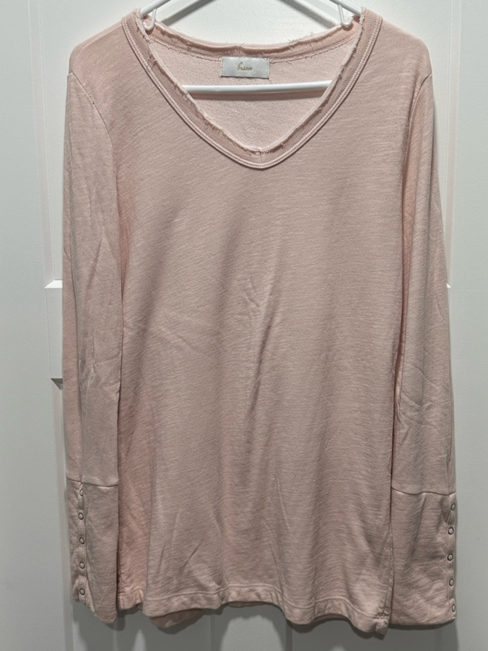 Women's Blush Colored V-Neck Long Sleeve Top with Snap Cuffs - Size Small